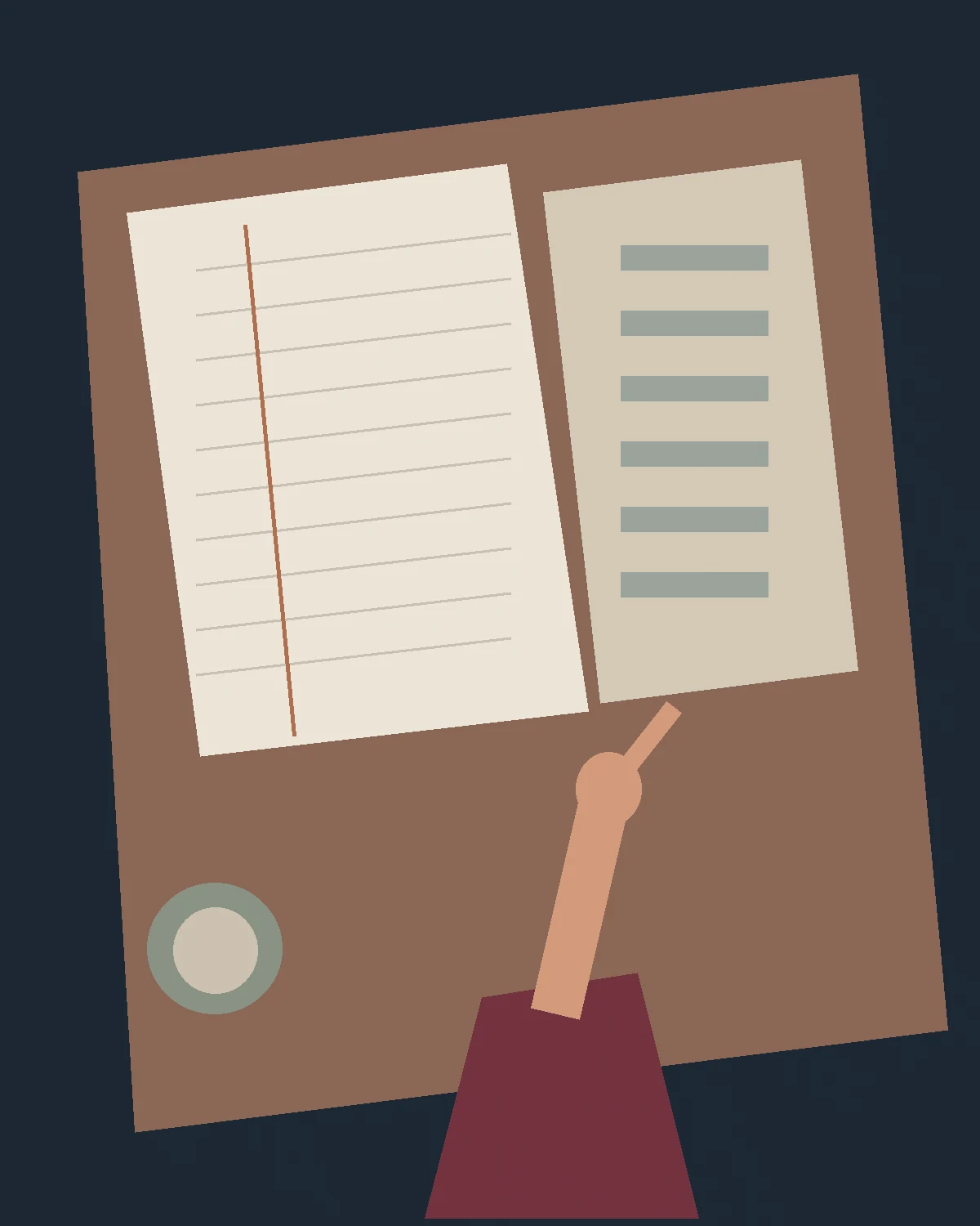 Cahier ouvert sur un plateau brun, page lignée à gauche, liste de barres à droite, main qui désigne la page.