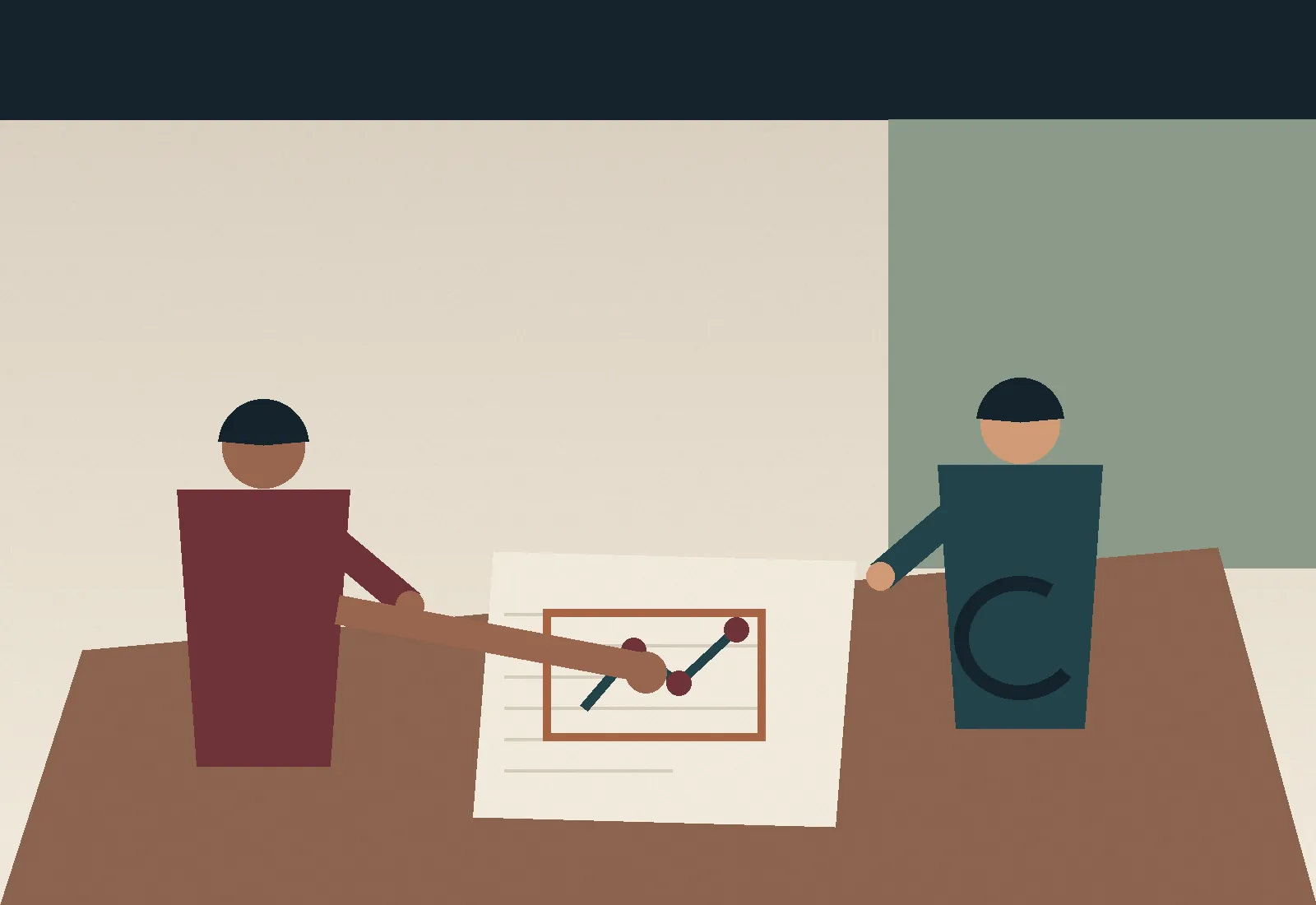 Deux silhouettes de part et d’autre d’une feuille où un trait relie trois points.
