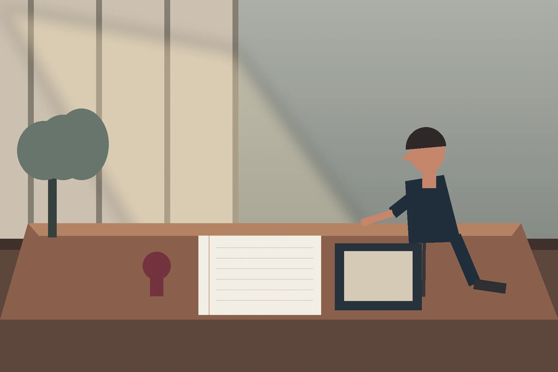 Plateau en bois avec un cahier ouvert, un cadre vide, une petite forme rouge et une silhouette assise au bord.